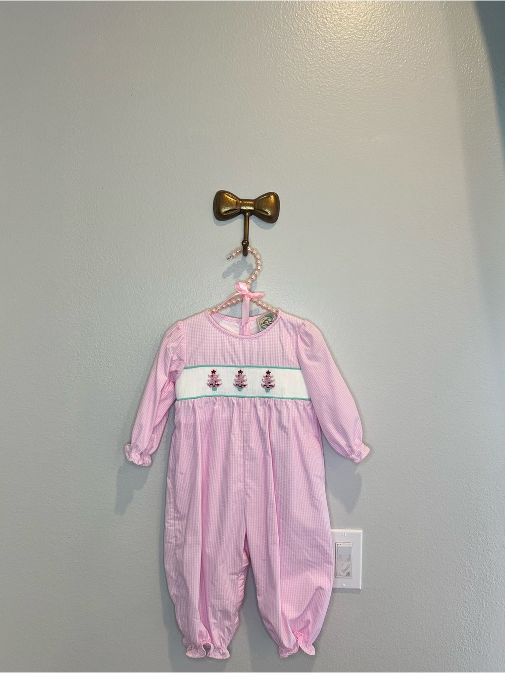 Sweet Southern Smocks Pink Gingham Smocked Christmas Tree jumper